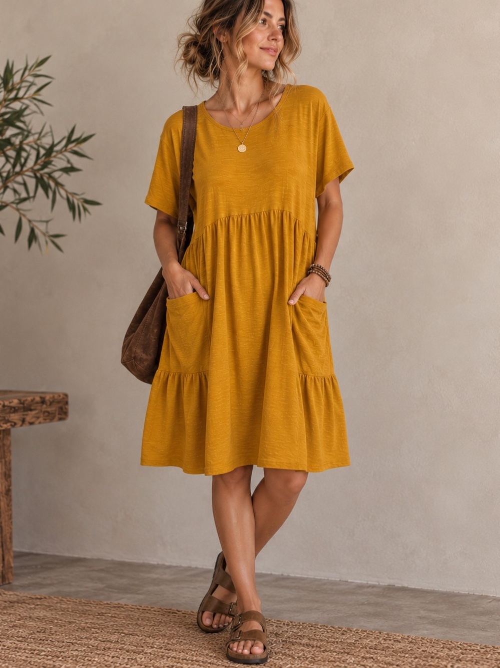 Mustard Tiered Pocket Oversized Midi Dress